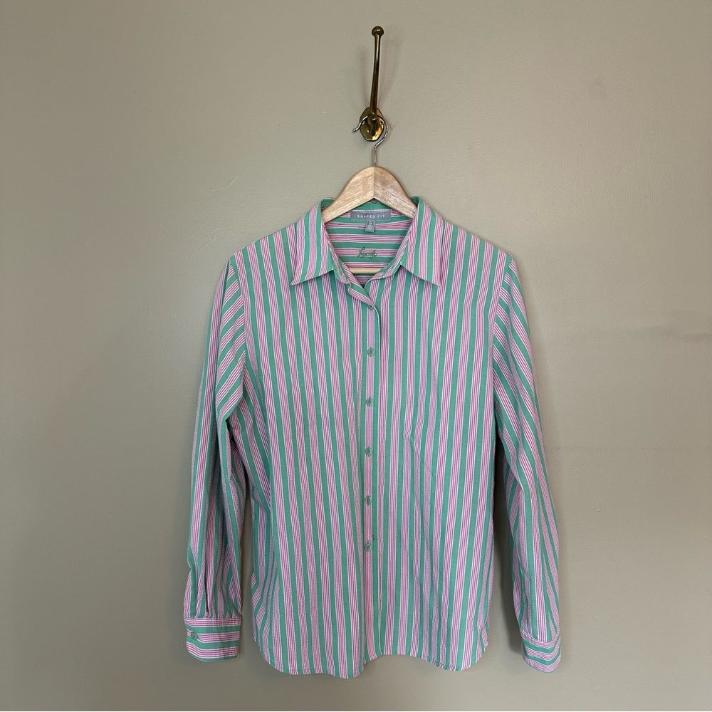 Foxcroft wrinkle-free Pink and Green Striped Shirt-14P